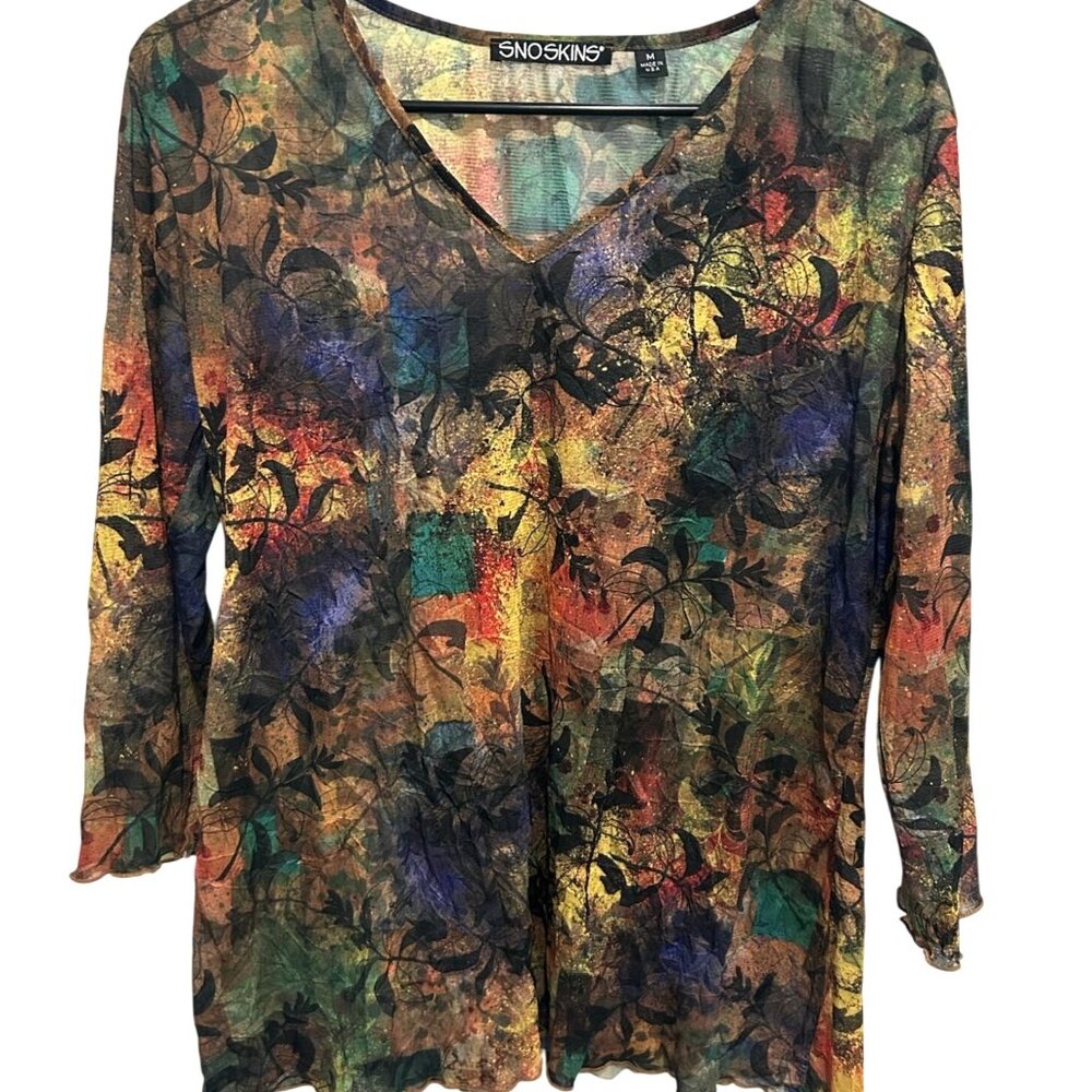 SnoSkins Multicolor Sheer Tunic Top Sz M Lightweight Vibrant Artsy Leaf Design